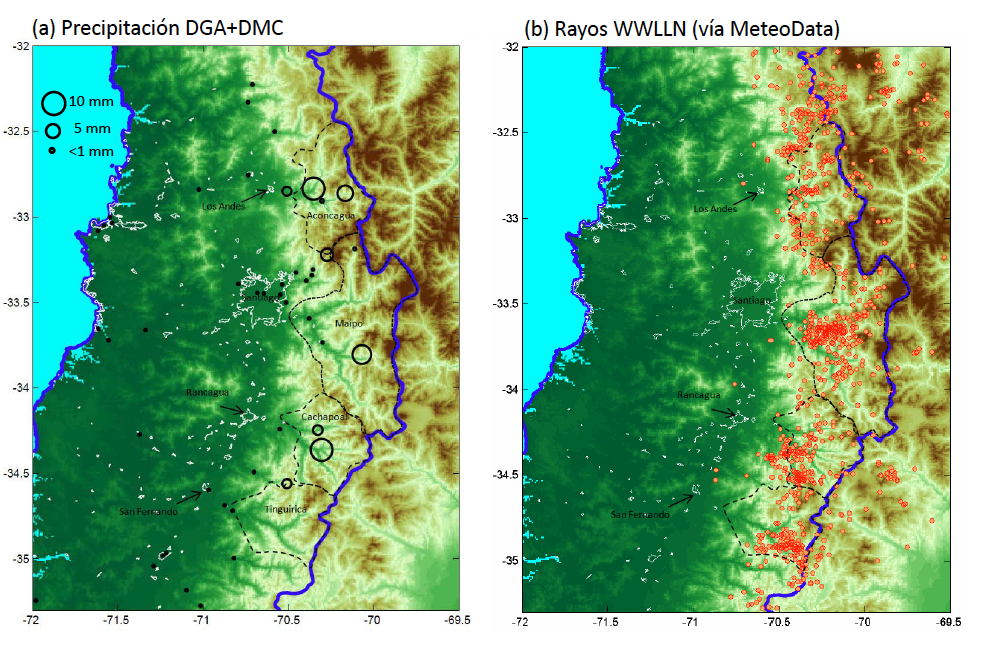 (a) Precipitación acumulada el 25-02-2017. El tamaño de los círculos es proporcional al monto acumulado. La escala de colores del mapa representa la elevación de terreno, la línea azul indica el limite internacional y las líneas segmentadas delimitan las cuencas altas de los ríos Aconcagua, Maipo, Cachapoal y Tinguiruica. (b) Localización de los rayos detectados por la red WWLLN (puntos rojos).
