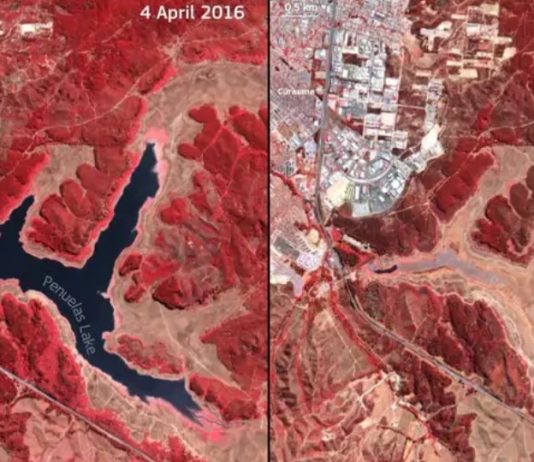 Fotografías del programa Copérnico: Satélites europeos muestran la fuerte sequía del Lago Peñuelas (El Mercurio)