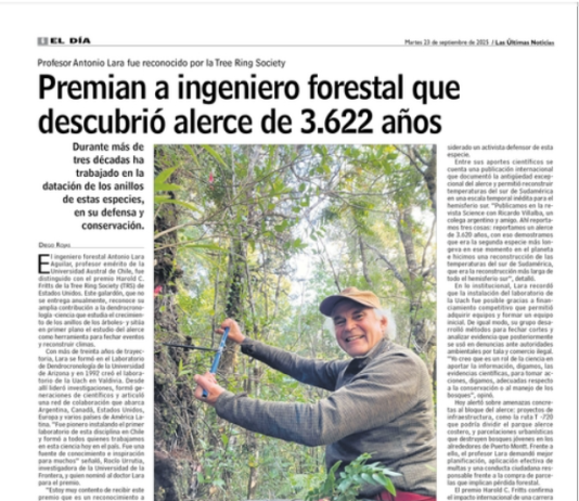 Premian a ingeniero forestal que descubrió alerce de 3.622 años (LUN)